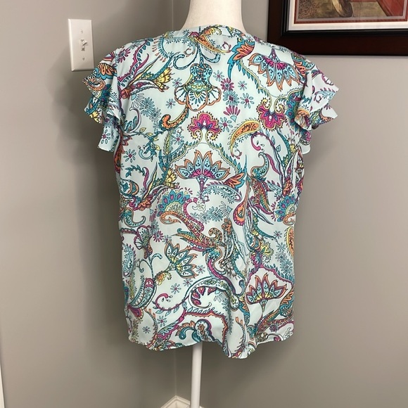 Investments Womens Blue Yellow Pink Paisley Blouse Ruffle Size Large - Picture 3 of 4